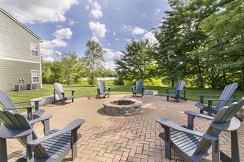 An outdoor patio with chairs and a fire pit